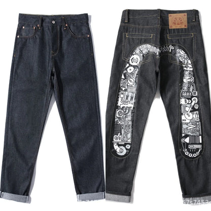 Men's Japanese Handmade Embroidered Jeans Pure Cotton Straight Tube Hip-Hop Popular Slim Red Ears Show Thin Trousers Devil Black