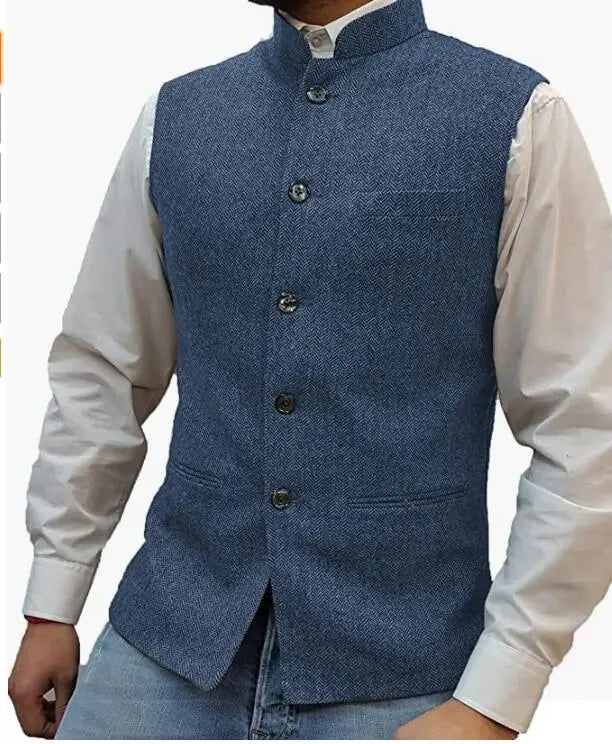 Men's Suit Vest Elegant Sleeveless Stand Collar Business Button Slim Fit Herringbone Waistcoat For Wedding
