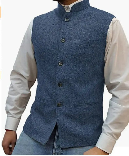 Men's Suit Vest Elegant Sleeveless Stand Collar Business Button Slim Fit Herringbone Waistcoat For Wedding