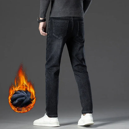 Men's Thicken Fleece Straight Jeans Winter Business Casual Stretch Denim Pants Warm Plush Brand Trousers Pans Male Classic