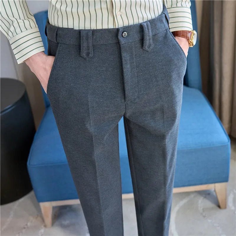 Autumn Winter High Quality Men's Wool Blends Suit Pants Solid Striped Smart Casual Slim Fit Suit Trousers Men Woolen Dress Pants