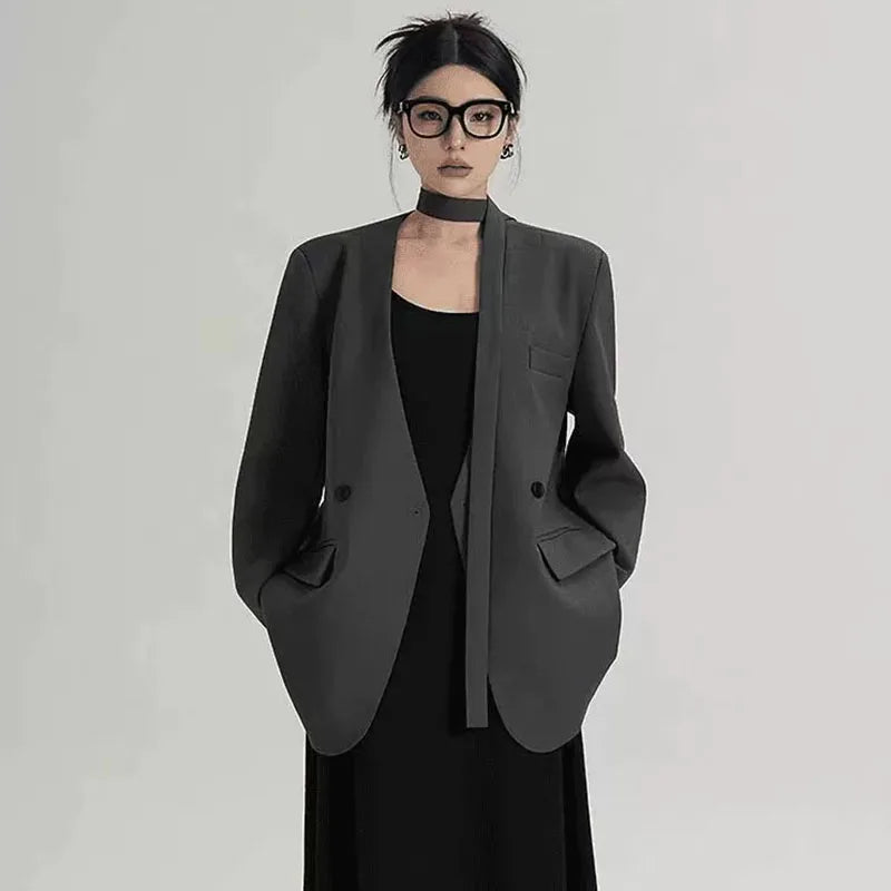 Fashion Collarless Blazers Jacket Ladies Korean Streetwear Design Belt Temperament Blazer Woman Chic Long Sleeve Loose Suit Coat