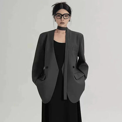 Fashion Collarless Blazers Jacket Ladies Korean Streetwear Design Belt Temperament Blazer Woman Chic Long Sleeve Loose Suit Coat