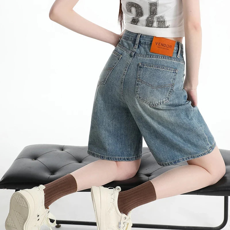 Women's High Waist Wide Leg  Y2K American Retro Washed Five-Point Denim Shorts Summer Loose Slim Straight Cut Mid-Length Pants