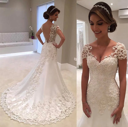 White Backless Lace Mermaid Wedding Dress 2022 V-Neck Short Sleeve Wedding Gown Bride Dress Robe de mariage