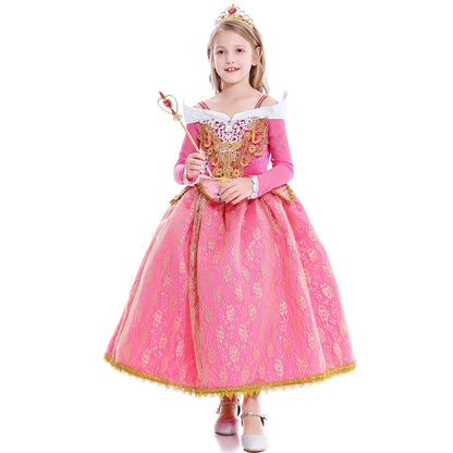 2026 Disney Sleeping Beauty Aurora Princess Dress Girl Cosplay Off Shoulder Kids Gifts Fancy Party Girl Baby Fine Lace Dress Set