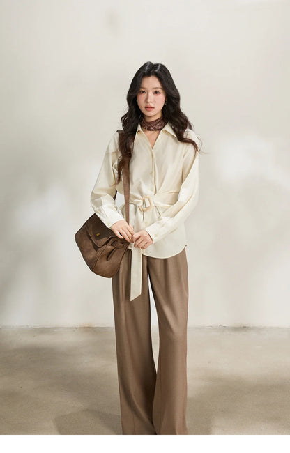 Women's Lapel Collar Long Sleeve Shirt 2026 Spring with Belted Waist Casual Loose Soft Beige Shirt Office Lady MXF13C2452