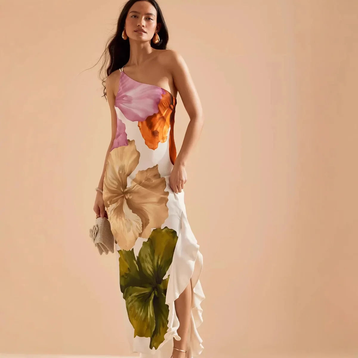 Fashion Women Printed Curling Edge Long Dresses Irregular One Shoulder Open Fork Gown Women Summer 2025 Party Vestidos