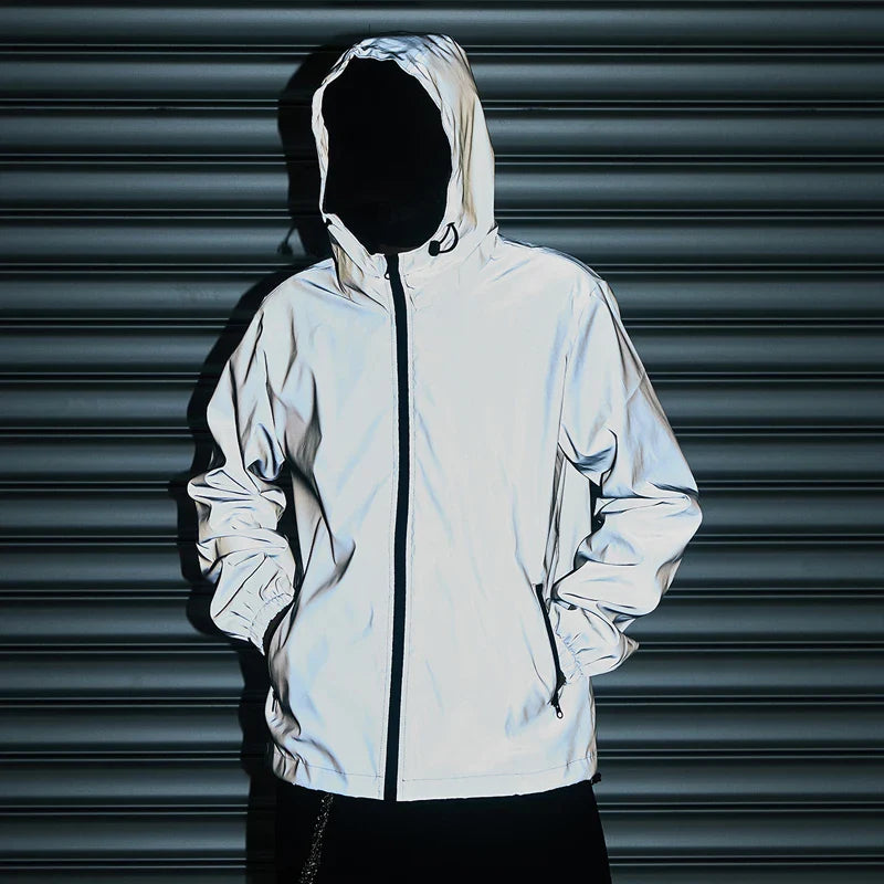 Night Reflective Clothes Spring New Men's Hooded Jacket Outdoor Run Casual Windproof Coat Couples Hip-hop Streetwear S-5XL