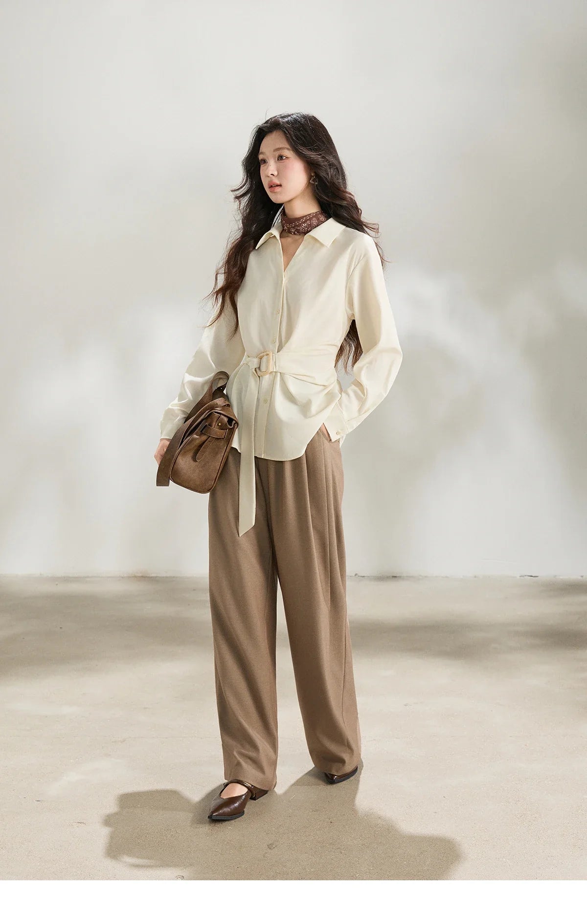 Women's Lapel Collar Long Sleeve Shirt 2026 Spring with Belted Waist Casual Loose Soft Beige Shirt Office Lady MXF13C2452