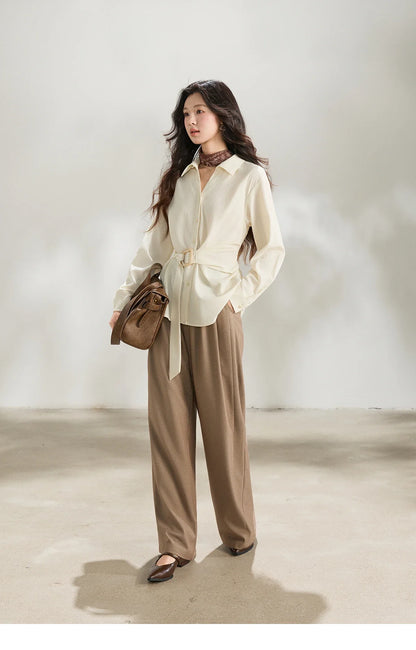 Women's Lapel Collar Long Sleeve Shirt 2026 Spring with Belted Waist Casual Loose Soft Beige Shirt Office Lady MXF13C2452