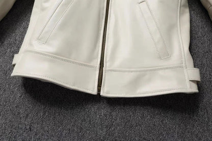 Men's Genuine Leather Jacket White Lapel Calfskin Jacket Natural Cowhide Men's Coat Slim Fit Top Layer Cowhide Biker Jacket