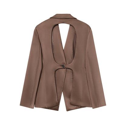 backless Satin Texture Blazers Women Fashion Autumn Winter Back hollow design Long Sleeve Single Buckle Suits Jacket coats