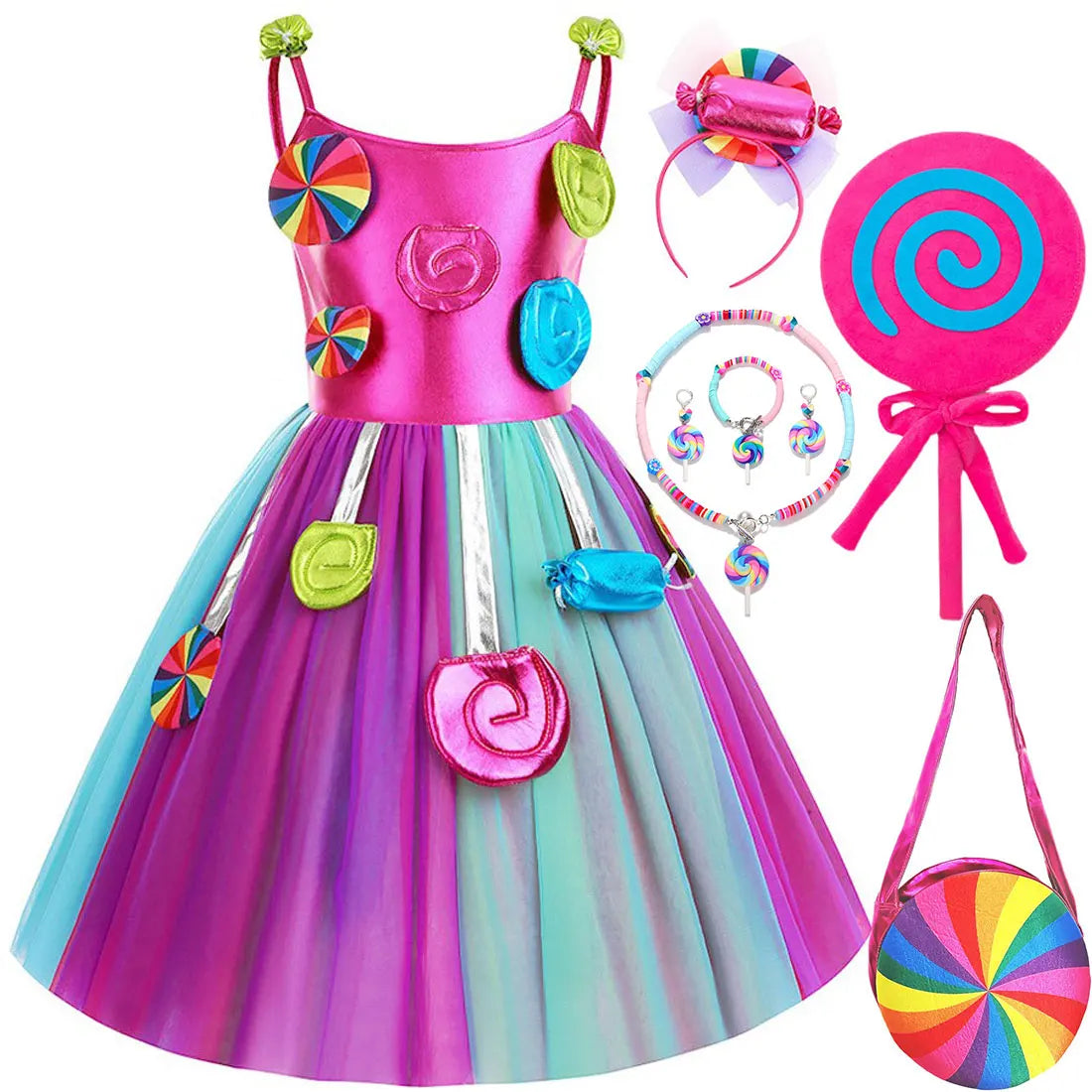 2025 Purim Festival Suspender Rainbow Dress For Girl Candy Lollipop Costume Party Gift Candy Dress + Lollipop Accessories Suit