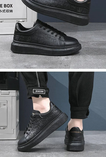 2025 New Men's Shoes Spring and Autumn Flat-soled Casual Leather Shoes Sports Shoes Black and White Men's Thick-soled Breathable