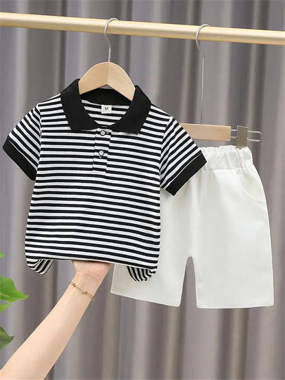 New Baby Boys Girls Summer Outwear Cotton Strips Sports Suit Infant T Shirt Shorts Children Clothing Tracksuits Sets Outwear