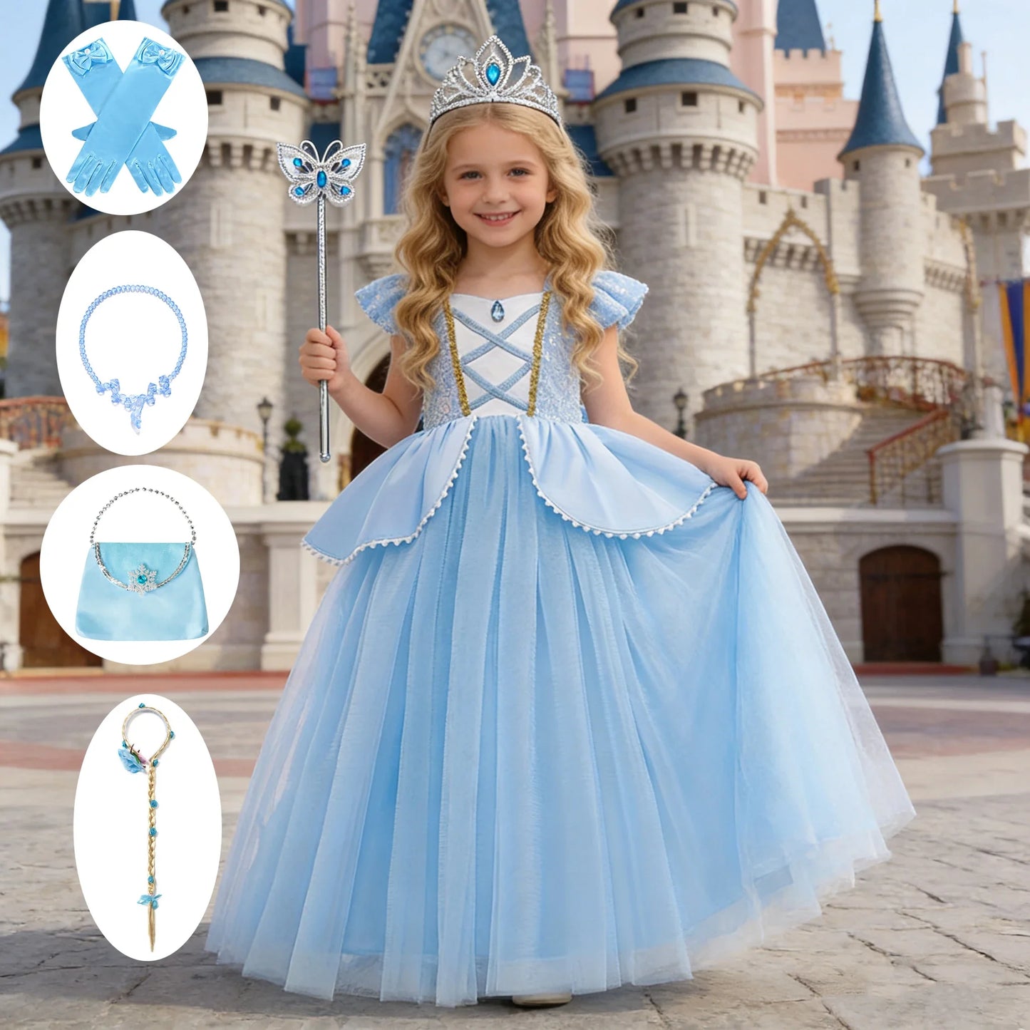 Girls Deluxe Elegant Cinderella Princess Ball Gown Children Birthday Party Dress Vestidos Cosplay Costume Carnival Apparel