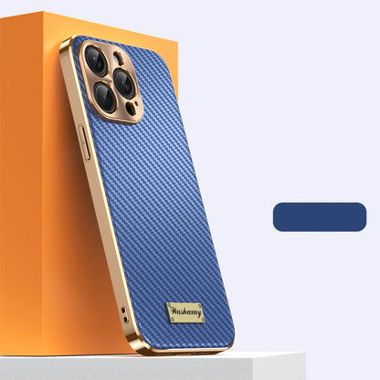 Luxury Plating Leather Carbon Fiber Texture Phone Case For iPhone 17 16 15 14 13 Pro Max Plus 17Air Alloy Lens Shockproof Cover
