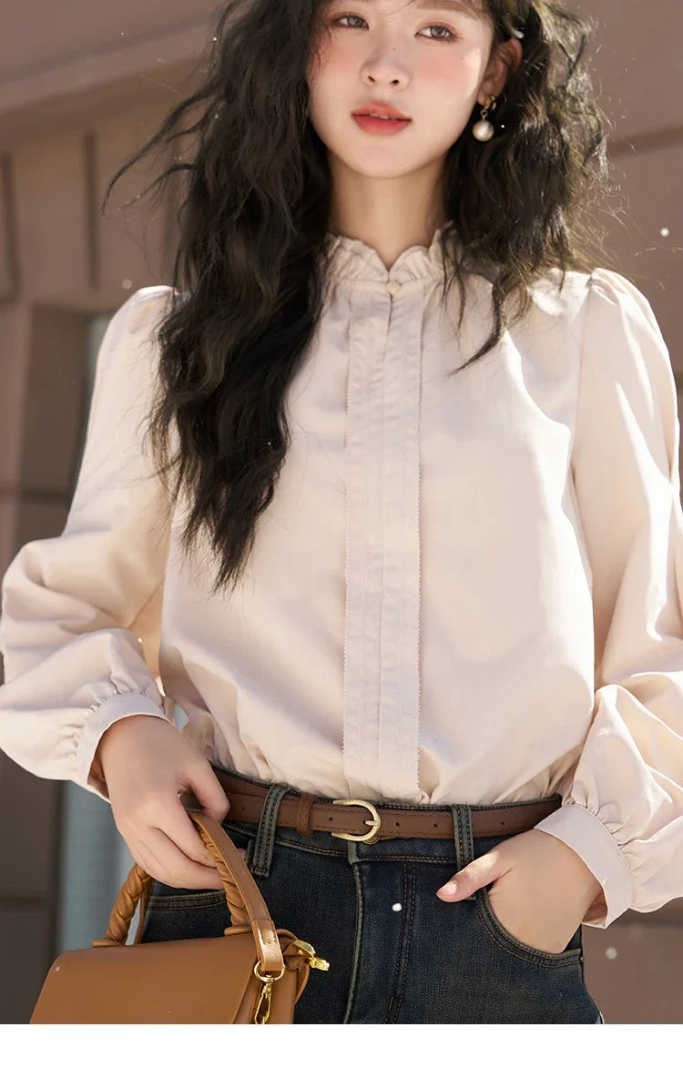 French Autumn Winter Button Up Lantern Long Sleeve Shirts Women Ruffle Neck Thick Warm Blouse Flannel Shirt MXC56X1320