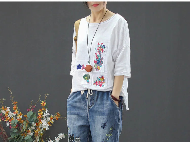 2025 Fashion Summer Streetwear Denim Trousers Ladies Vintage Elastic Jeans Womens Casual Loose Embroidery Harem Pants