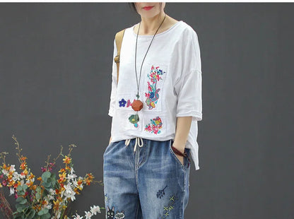 2025 Fashion Summer Streetwear Denim Trousers Ladies Vintage Elastic Jeans Womens Casual Loose Embroidery Harem Pants