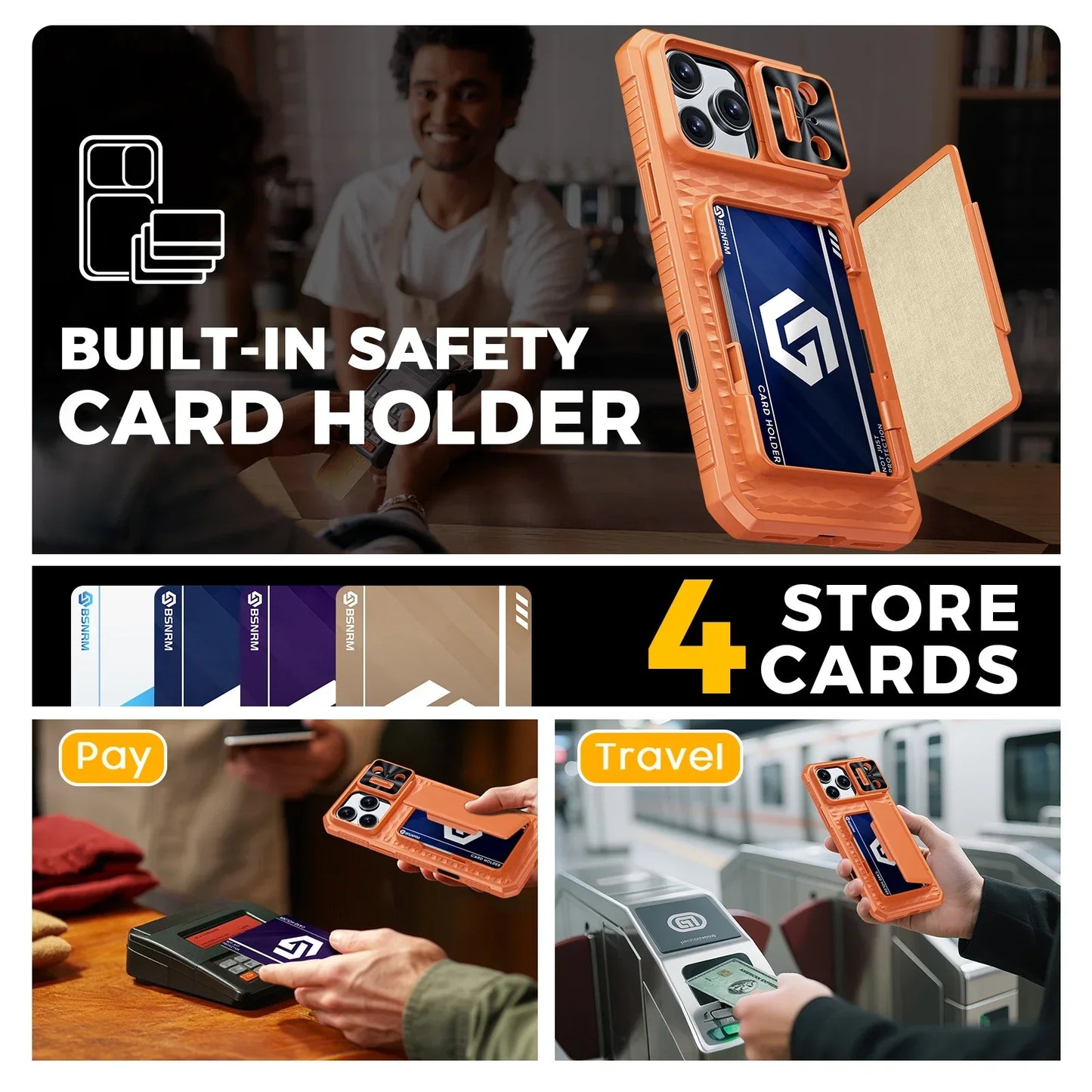 For iPhone 17 Pro Max Case,Wallet - Full Body Protective with Card Holder (4 Cards) Camera Cover & Kickstand-Orange
