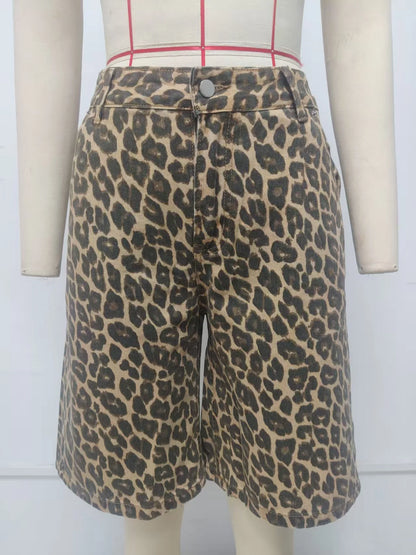 Summer New Leopard Print Denim Shorts for Women American Retro High Waist Knee-Length Shorts Fashionable Casual Jean Shorts