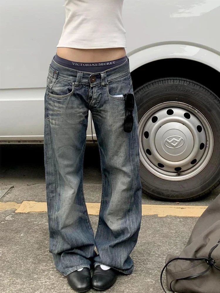American Retro Washed Low Waist Jeans Women's Loose Straight Jeans Pants Street Winter Fashion Denim Pants