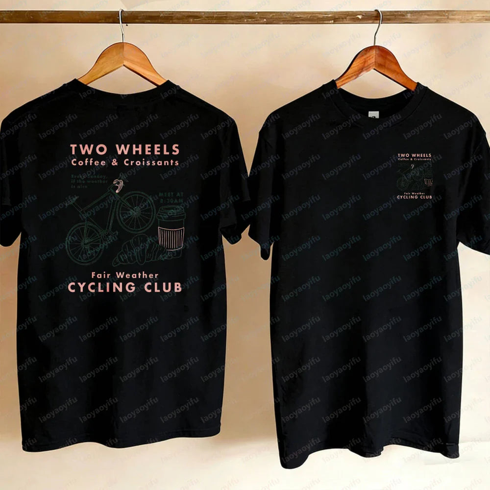 Cycling Club Cropped T-Shirt Hand-Drawn Bike Coffee & Croissants Graphic T Shirts Oversized T Shirt High Quality Cotton Tops Tee