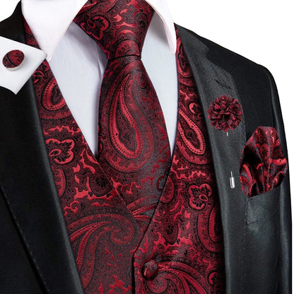 Navy Blue Mens Silk Vests Business Paisley V-Necl Waistcoat Tie Hanky Cufflinks Brooch Set for Men Suit Wedding Formal Hi-Tie
