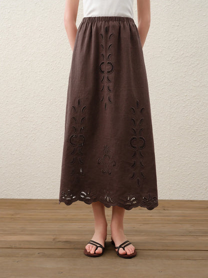 Summer Women Linen Two Piece Set Cut-Out Embroidered Sleeveless Top Midi Skirt Boho Beach Vacation Style