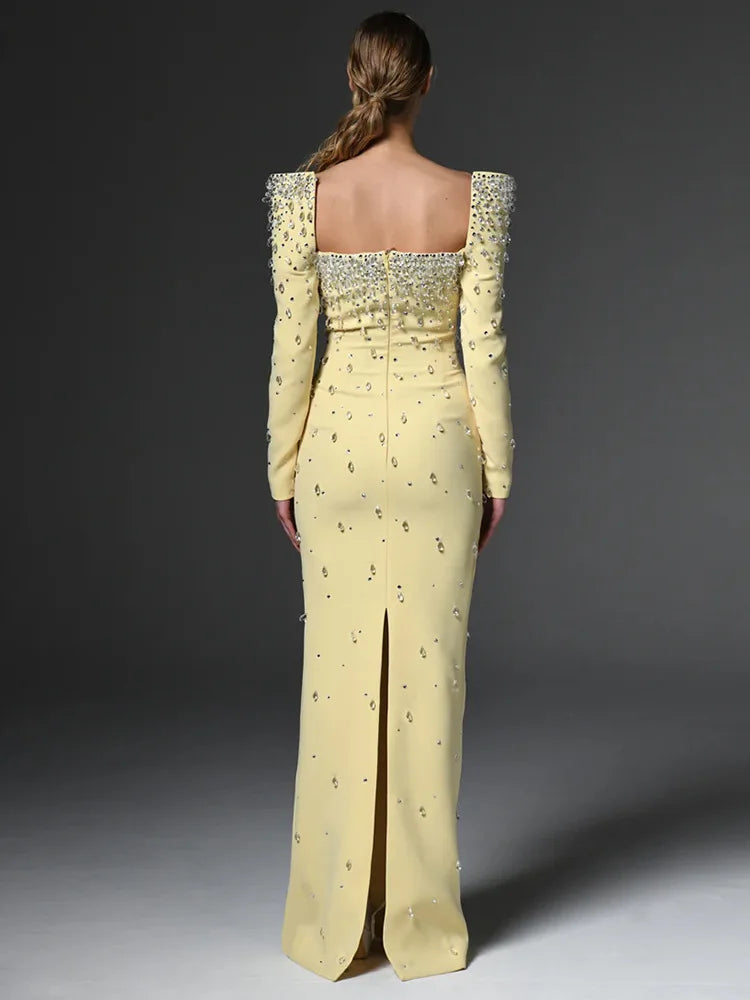 HIGH QUALITY Newest Fashion 2026 Designer Vestido Women's Square Collar Beading Diamonds Long Sleeve Maxi Dress