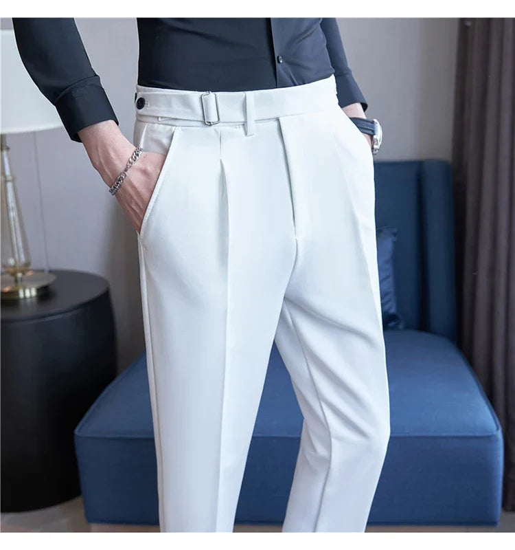 2026 Texture Naples Men's Solid Color Casual Pants Fashion Belt Design Slim Fit Suit Pants Formal Wear Wedding Social Trousers