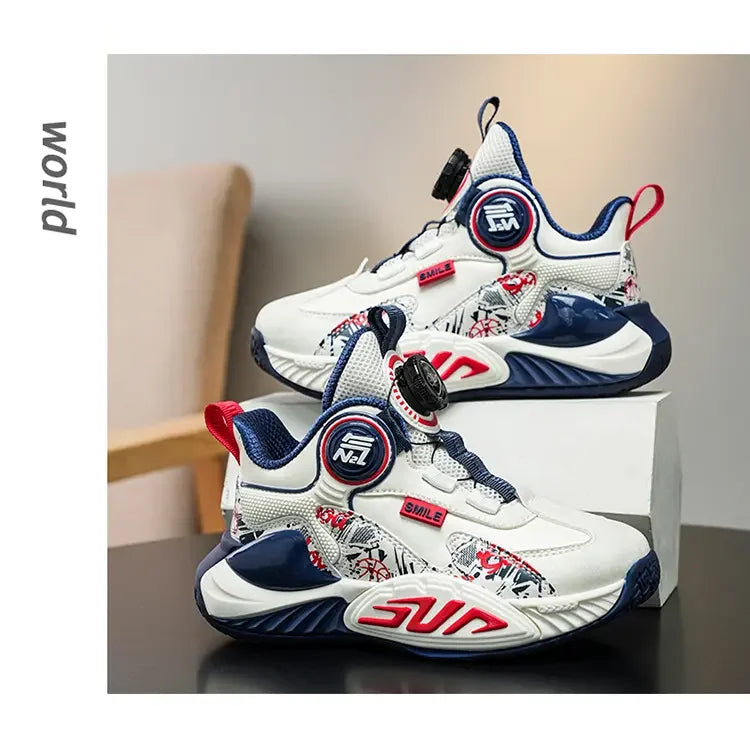 Leather Upper Children Basketball Shoes Rotatory Button Shock Absorbing Boys Shoes