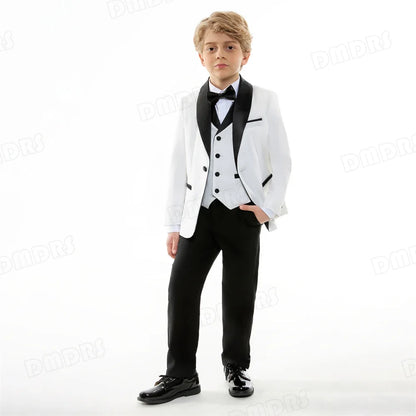 24H Ship White Formal Kids Suit Set, 4 Pieces Suits For Boys From 3-14 Years, Wedding Tuxedo For Kids Ring Bear