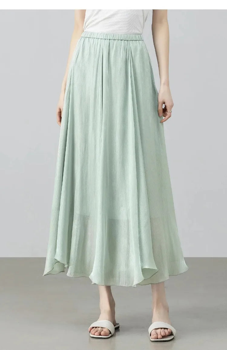 Women's Gray Elegant Skirt 2026 Summer Elastic Waist Sheen Flowy A Line Long Skirt for Woman Ladies Clothes 162QG4909