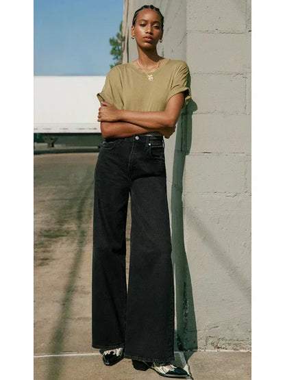 Female Retro Casual Baggy Straight Leg Jeans Women Stretch Classic Gray Denim Pants Lady Solid Cheap Fashion Trousers