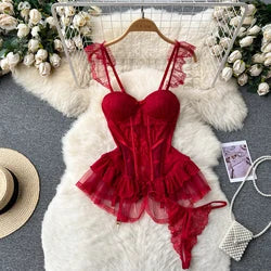 Retro Floral Chiffon Dr Women's Waist Cinched Bubble Sve Me Skirt Tea Break Gentle Soft Sle Korean High Waist A-Lin...