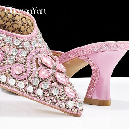 Luxury Pink Rhinestone Party Shoes and Clutch for Women- Elegant Crystal Heels with Matching Evening Bag