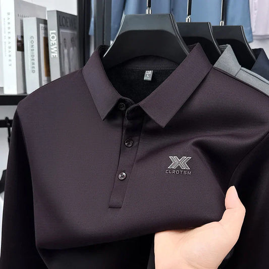 2025 Winter Men's Fashion New Collection with Velvet Long Sleeve T-shirt, Collar with Mulberry Silk and Wool Warmth POLO Sweater