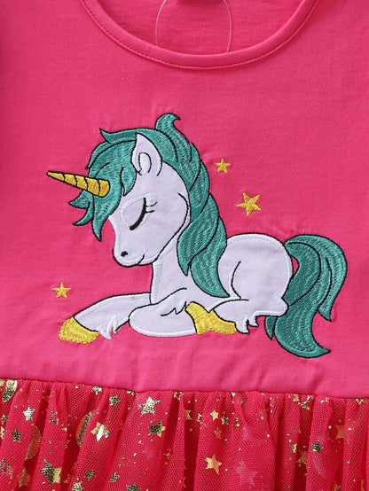 Summer New Girl's Cotton Unicorn Embroidered Mesh Spliced Sleeveless Dress SH1701