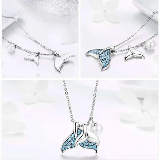 925 Sterling Silver Blue Mermaid Tail Pendant Necklace Quality Shell Pearl Bead Women Fine Jewelry Wedding Gift 17.32''