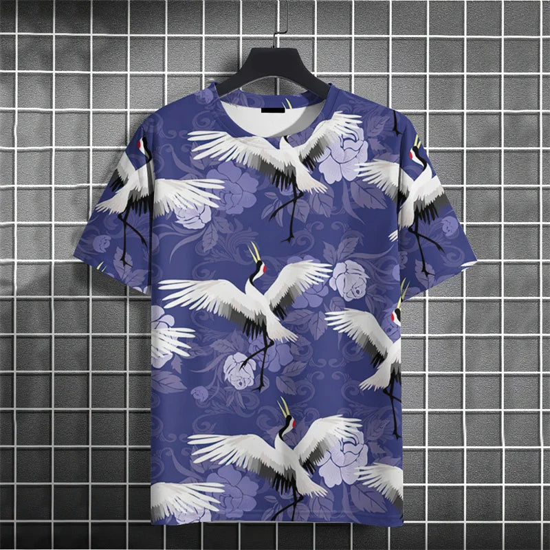 Crane Waves Pattern T-Shirt For Men Chinese Koi Fish 3D Print Tees Summer Casual Loose Short Sleeve O-Neck Tops Unisex T Shirts