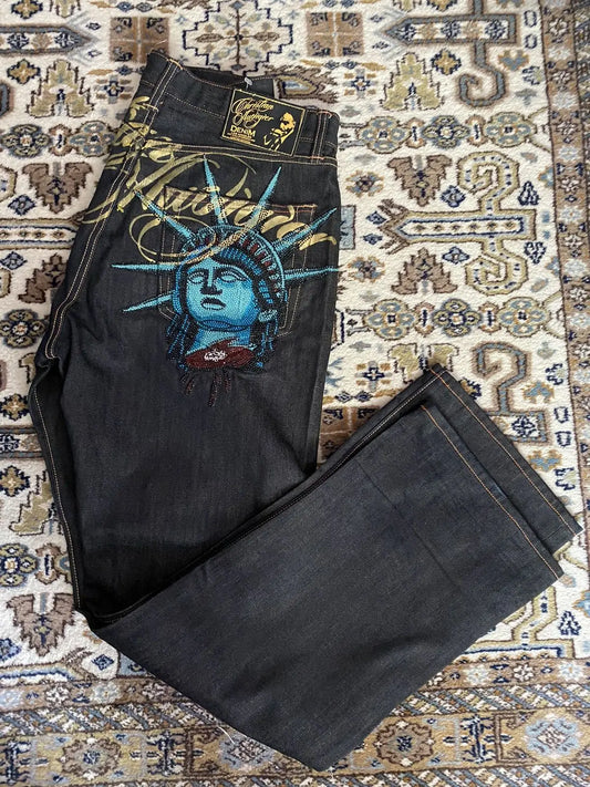 Harajuku Y2k 2000s Women Clothing Vintage Statue of liberty Diamonds Jeans Casual Denim Pants High Waist Straight Wide Leg Jeans