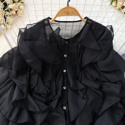Autumn Blouse for Women Fashion O-neck Long Puff Sleeve Flounced Edge Shirts French Chic Versatile Female Tops Dropshipping