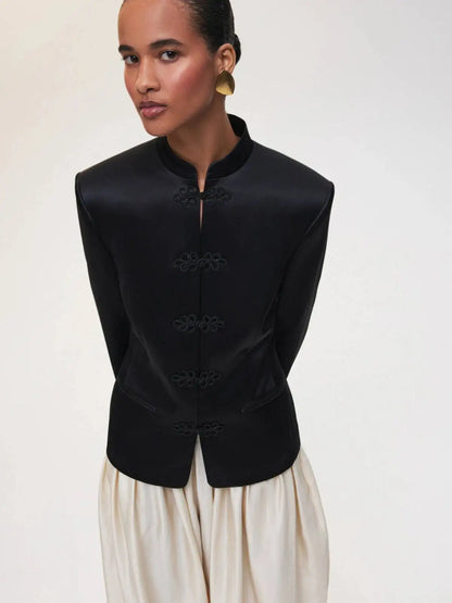 Women's Spring Summer Mandarin Collar Frog Button Cropped Chinese Style Blazer Casual 2026 Trendy Feminine Fashion Coat