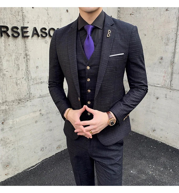 High Quality Slim-fit Men's Three-piece Suit with Vest And Trousers - Double Buckle Wedding Art Fabric Tough Man Suit