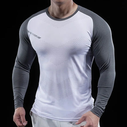 Autumn Winter Men Gym Fitness Display Long Sleeve T-Shirt Crew Neck Elastic Moisture Wicking Tights Running Training Bottom Top