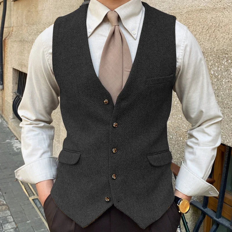 Men Vest Blue Herringbone Solid Color Single Button Waistcoat For Wedding Business Banquet Work Formal Men Suit Vest