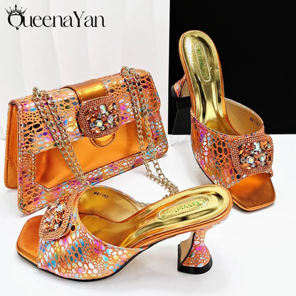 Italian Fashion Design Shoes and Bags Matching Set 2025 Peep Toe High Heels Blue Color Rhinestones Women Shoes for Party